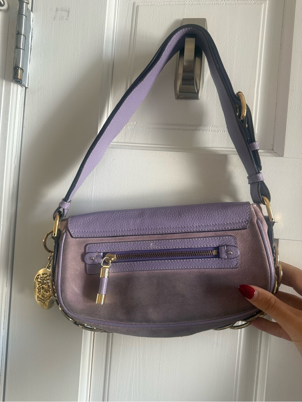 Versace Lavender and Brown Leather Shoulder Bag with Gold Medallion - Picture 2 of 5